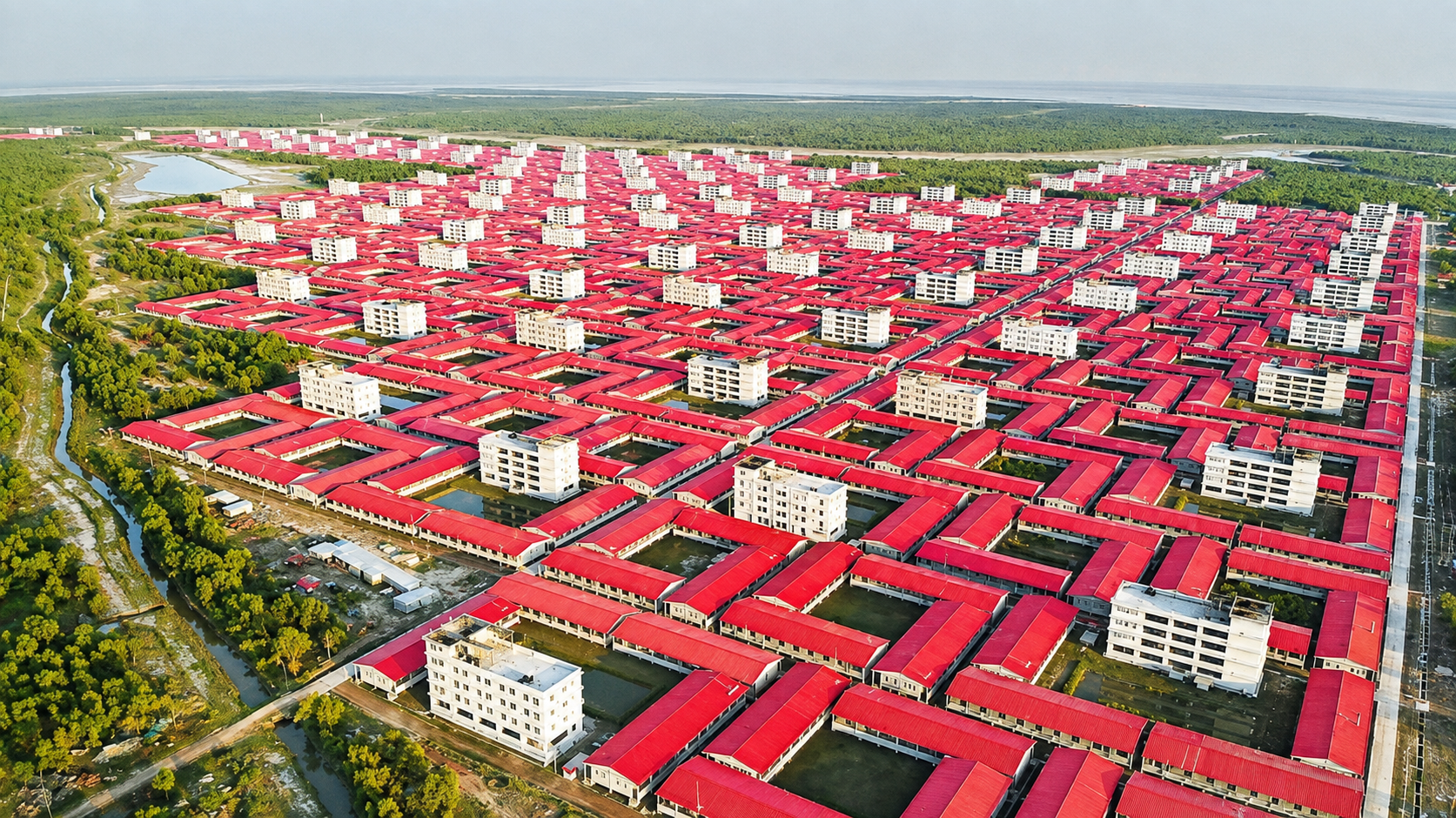 This aerial view of Bhasan Char shows a portion of the housing facilities that has been built on the island to relocate the Rohingyas from Cox’s Bazar. Photo: Star.