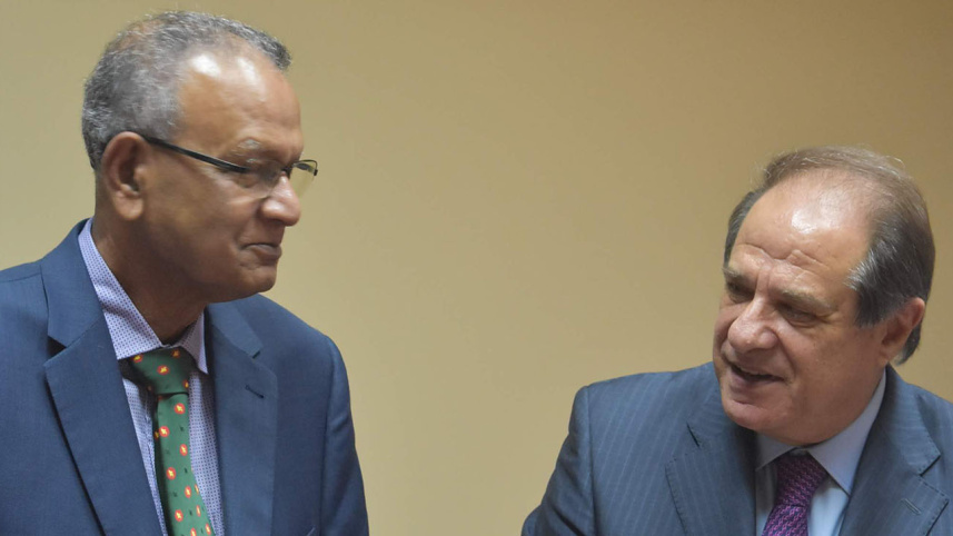 Expatriates' Welfare Minister Nurul Islam and Lebanese Labour Minister Sejaan Azzi  after a bilateral meetign in Lebanon.JPG