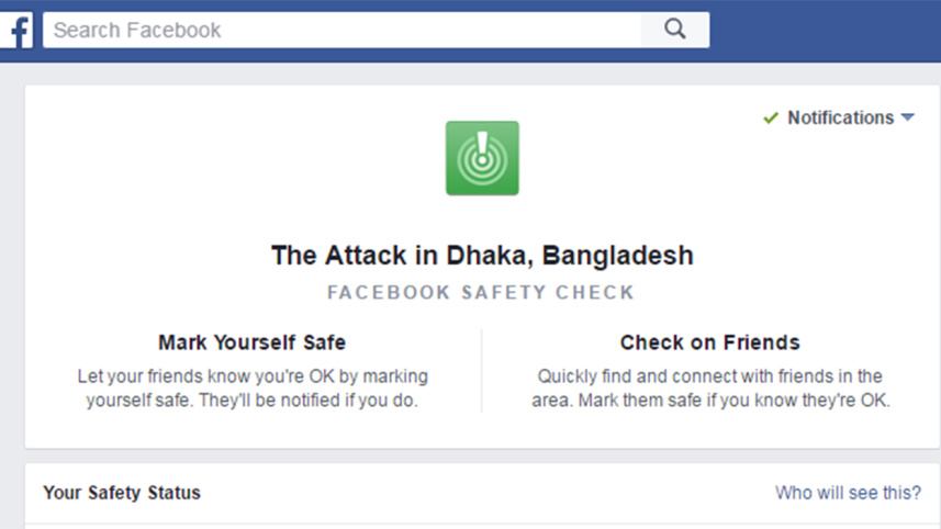 Facebook safety check, Gulshan attack, Dhaka attack
