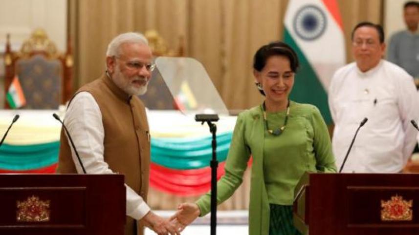 India's Prime Minister Narendra Modi and Myanmar's State Counselor Aung San Suu Kyi 
