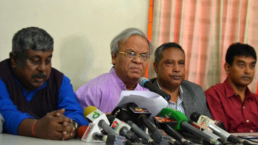 BNP Senior Joint Secretary General Rizvi Ahmed is seen speaking at a press conference
