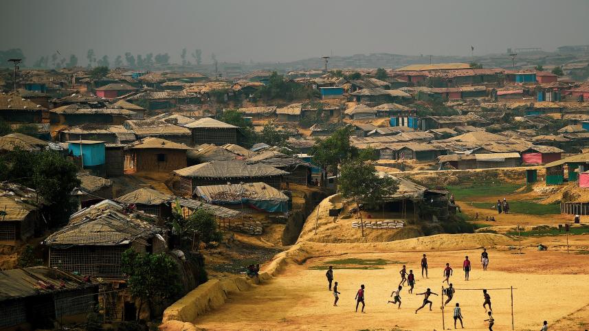 Rohingya refugees play football at Kutupalong refugee camp 