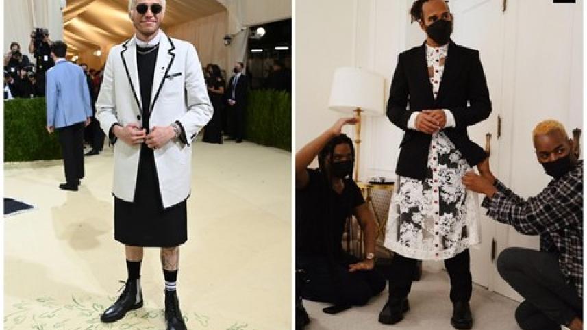 Pete Davidson and Lewis Hamiton in skirts