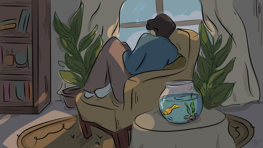 Boy curled up on a couch. 