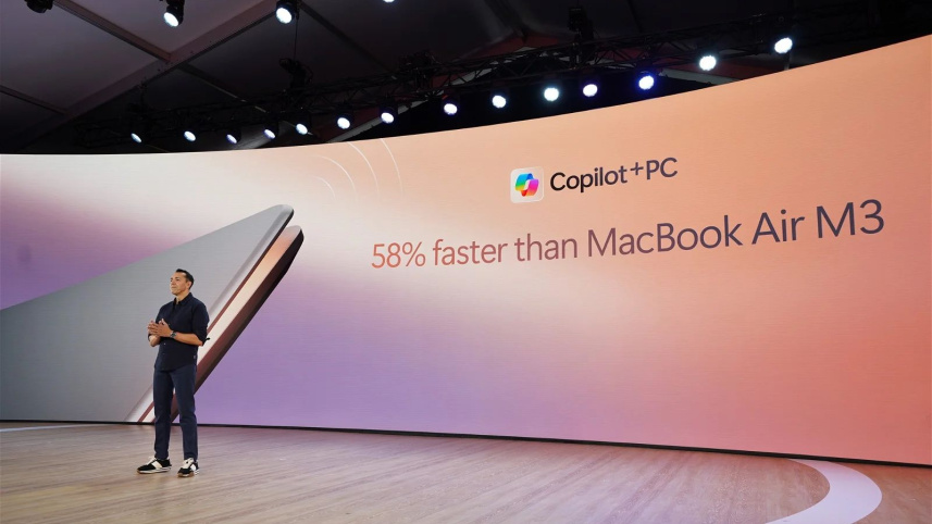 According to Microsoft, Copilot+ PCs are 58% faster than the M3-powered MacBook Air, capable of running multiple small language models locally to power features like a new standalone Copilot app. Image: Microsoft