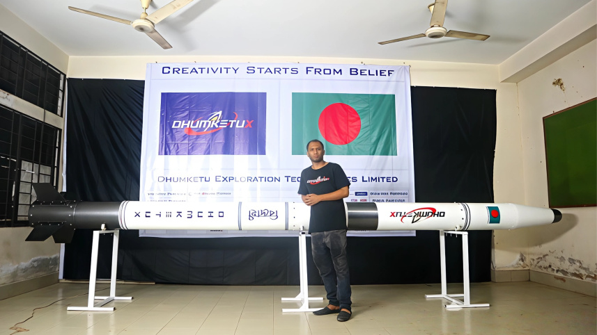 Nahiyan Al Rahman ‘Oli’, founder and CEO of DhumketuX with Birdrohi space rocket