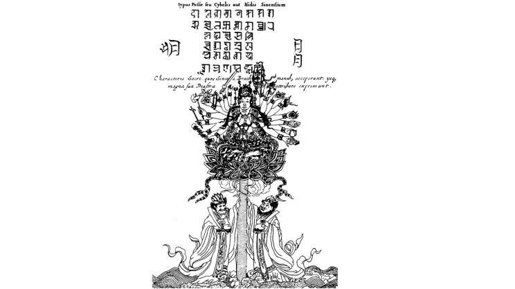 Image 3: Pussa, the Chinese Cybele or Isis, with ‘the Sacred Characters which they borrowed from the Brachmans, and which express the great attributes of the deity’. From Kircher, China Illustrata, 1667, p. 128.
