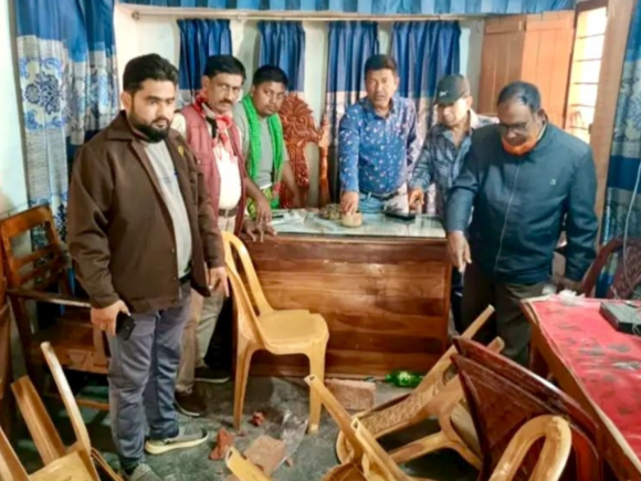 Last night, unidentified attackers vandalised the Maheshpur office of the Jhenaidah Press Club. Photo: Collected