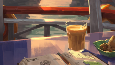 The picture shows a pencil from a popular Indian brand, a cup of tea and a plate of Samosa, a popular snack in India and Bangladesh. 