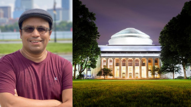 M. Zahid Hasan and a schematic representation of quantum interference of the topological motion of electrons along the symmetry-allowed sample hinges. Image based on data simulations prepared by Shafayat Hossain in the Zahid Hasan group at Princeton Unive