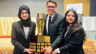  BRAC University team – Nasreen Alam, Syed Abdullah Jabeer, and Mahia Rahman – winners of the 9th Bangladesh Round of the Jessup Moot Court Competition