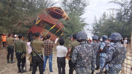 During the drive, around 20 to 25 illegal small, medium and large structures built on government land after clearing Jhau forests were demolished. Photo: Collected/Bangladesh Coast Guard