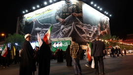 A billboard with a graphic design about the Strait of Hormuz on a building in Tehran, Iran, May 6, 2026. Photo: Reuters