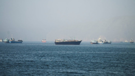 Vessels in the Strait of Hormuz, as seen from Musandam, Oman, on Monday. Photo: Reuters