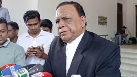 Barrister Khokon speaks at a press briefing held in front of the Annex Building of the Supreme Court this afternoon. Screengrab