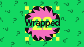 Logo of Spotify Wrapped against a backdrop of question marks