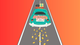 Car with just married sign leaving a trail of coins