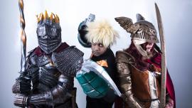 Cosplayers cosplaying as characters from Elden Ring,  Dark Souls III, and My Hero Academia